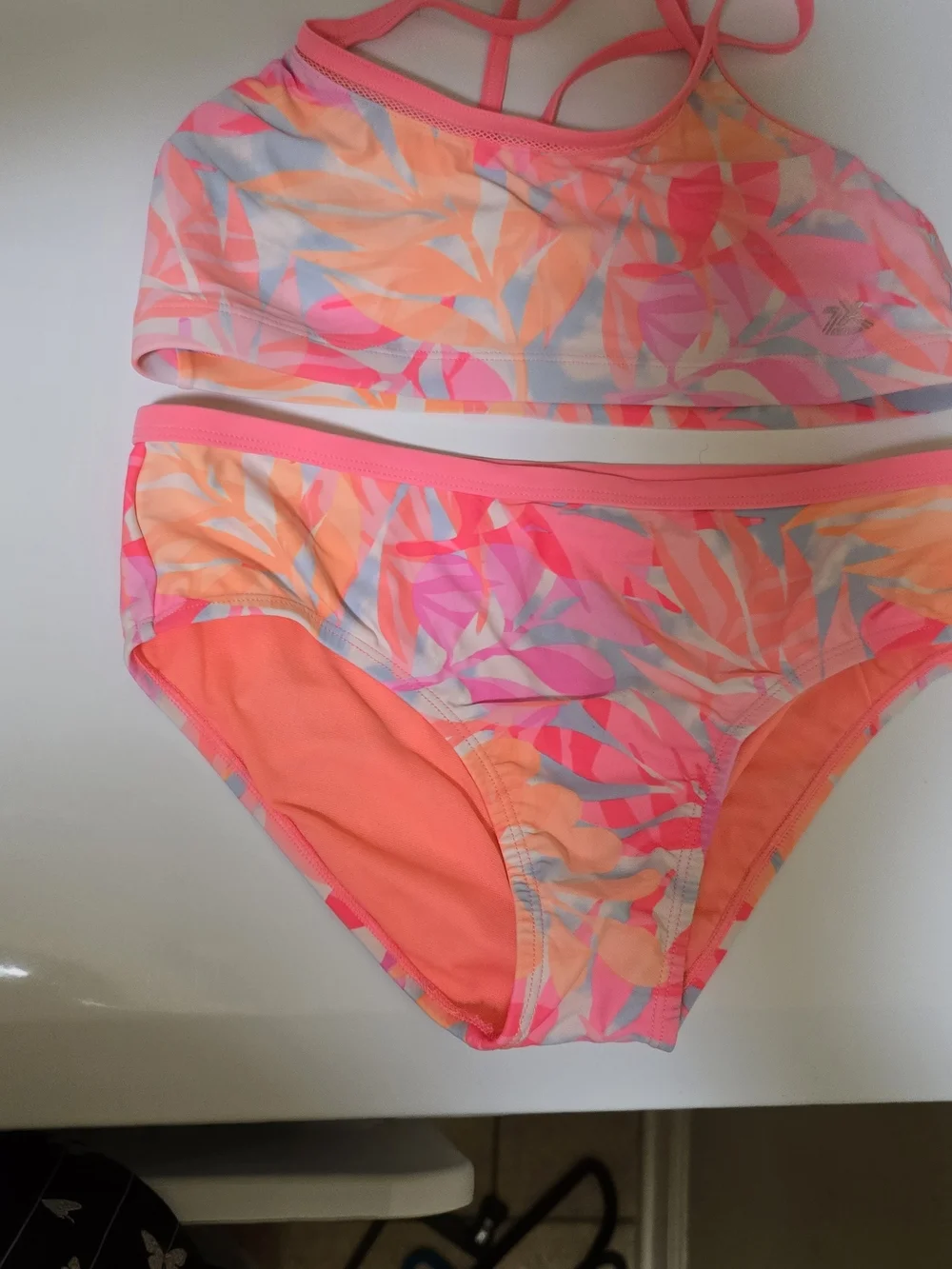Girls' Neon Pink & Coral Leaf-Print Two-Piece Swim Set